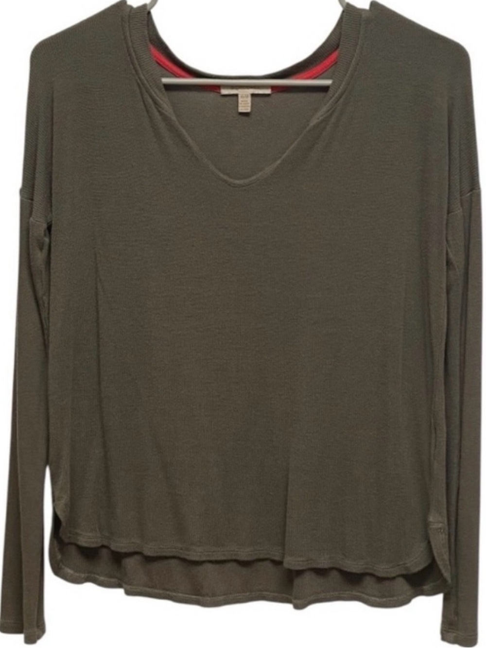 Bordeaux Olive Green V Neck Layered Hem Long Sleeve Top XS